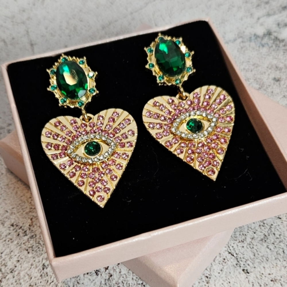 Mystical Evil Eye Glass Dangling Crystals Rhinestone Earrings Pink Green Gold